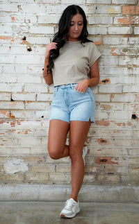 High Rise Raw Cut Hem Side Slit Shorts