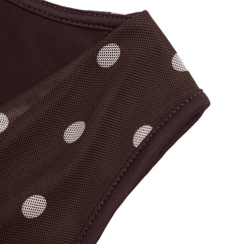 Polka Dot Bodysuit Halter Cowl Neck Slim Fit Top: Coffee Brown / 95% Polyester+5% Elastane / S