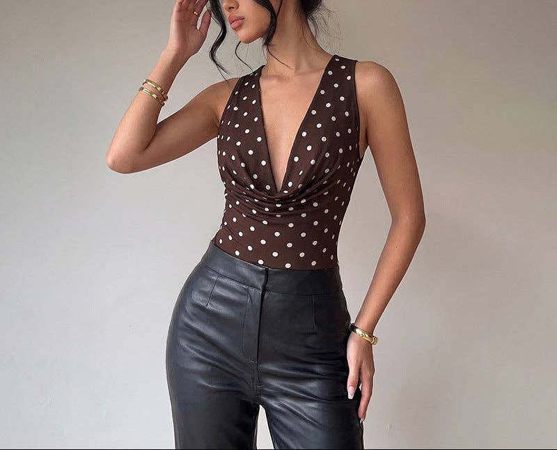Polka Dot Bodysuit Halter Cowl Neck Slim Fit Top: Coffee Brown / 95% Polyester+5% Elastane / S