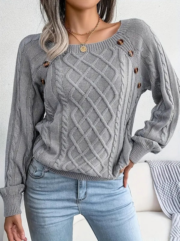 Cable knit preppy button round square  top sweater