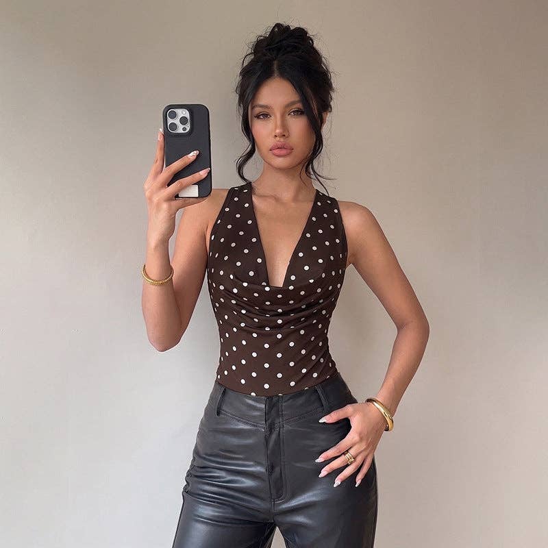 Polka Dot Bodysuit Halter Cowl Neck Slim Fit Top: Coffee Brown / 95% Polyester+5% Elastane / S
