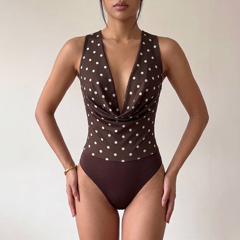 Polka Dot Bodysuit Halter Cowl Neck Slim Fit Top: Coffee Brown / 95% Polyester+5% Elastane / S