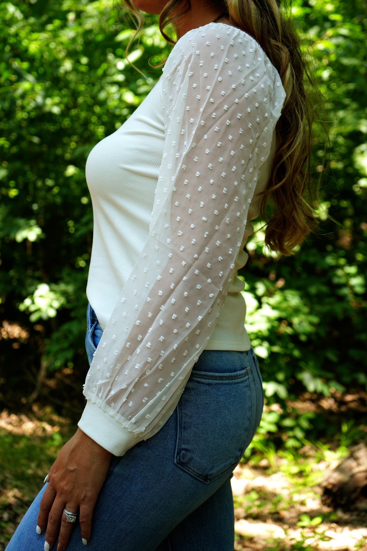 Mesh Puff Sleeve Polka Dot Square Neck Blouses