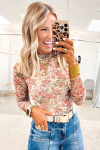Vintage Floral Mesh Long Sleeve Mock Neck Slim Fit Top: Black / 95%Polyester+5%Elastane / L