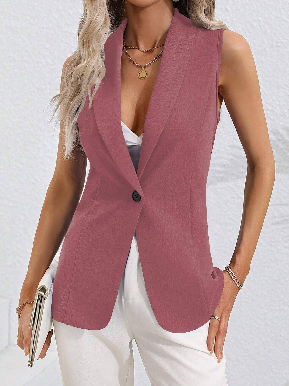 Spring Single Button Sleeveless Solid Color Blazer Vest: Black / S