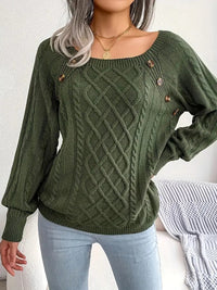 Cable knit preppy button round square  top sweater