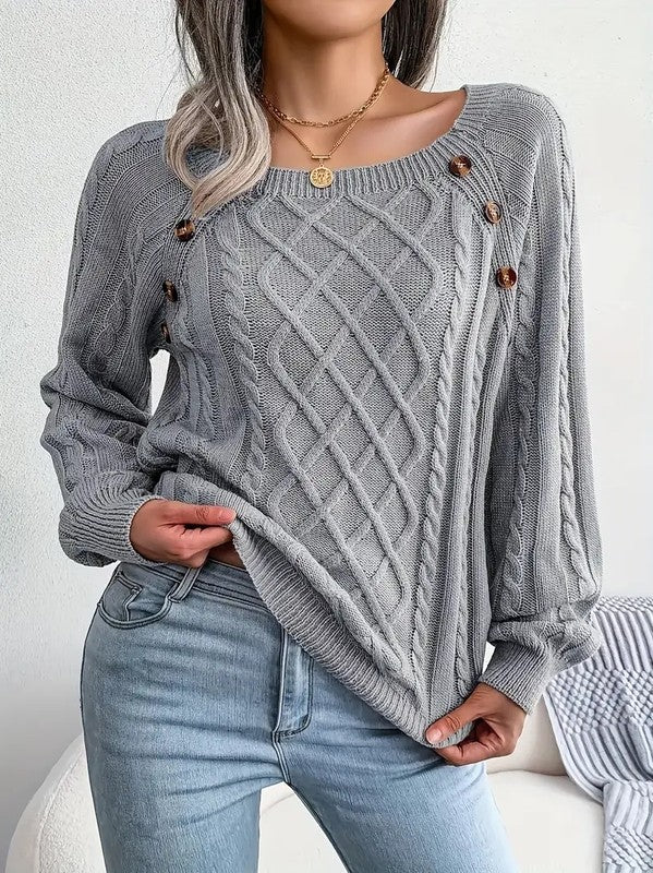 Cable knit preppy button round square  top sweater