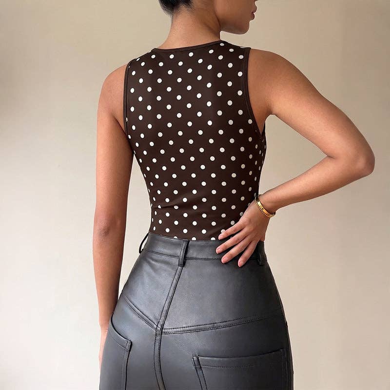 Polka Dot Bodysuit Halter Cowl Neck Slim Fit Top: Coffee Brown / 95% Polyester+5% Elastane / S