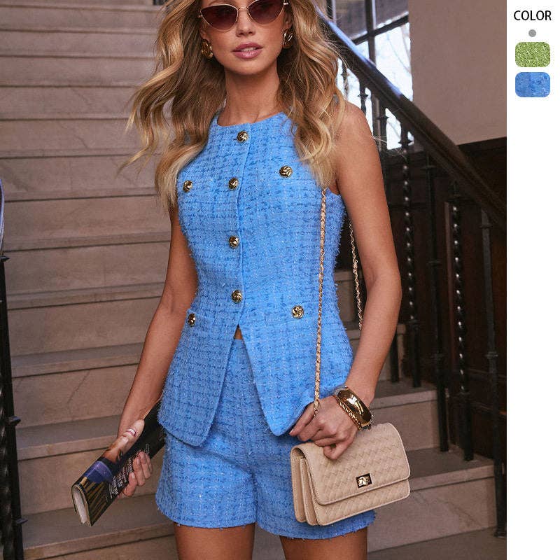 New Sleeveless Vest Shorts Set Women: BLUE / S