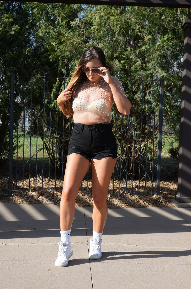 Faux Pearl Sheer Mesh Grid Crop Top