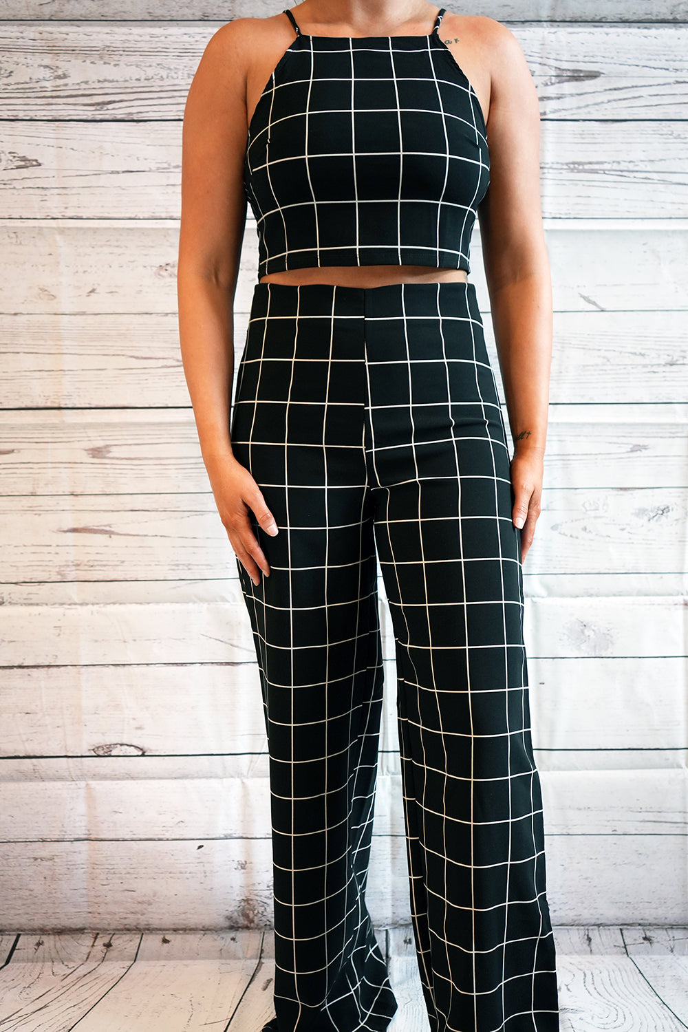 Grid Crop Tank Top & High Waist Wide Leg Pant Set