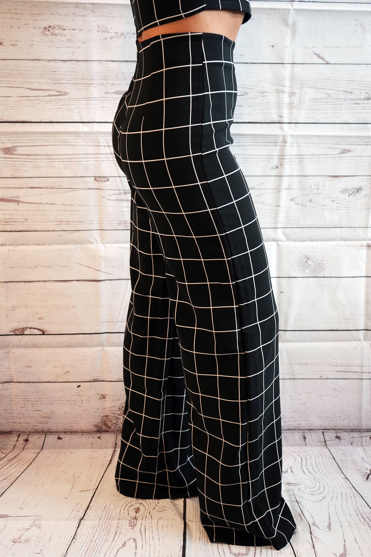 Grid Crop Tank Top & High Waist Wide Leg Pant Set