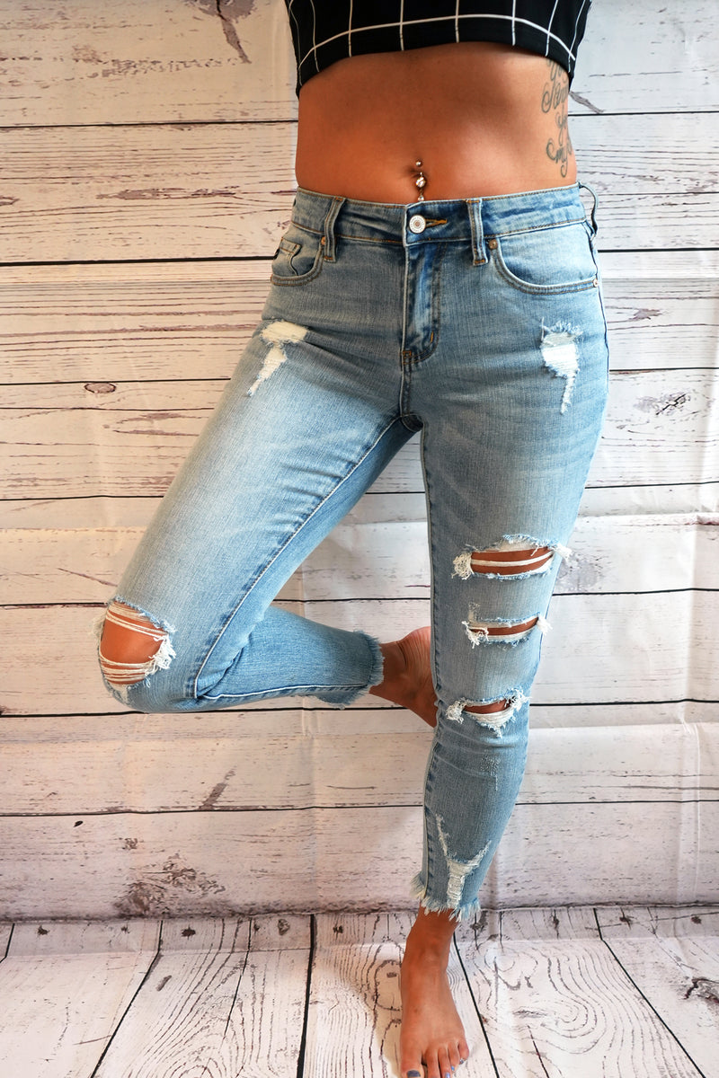 Mid Rise Distressed Super Skinny Kan Can Jeans